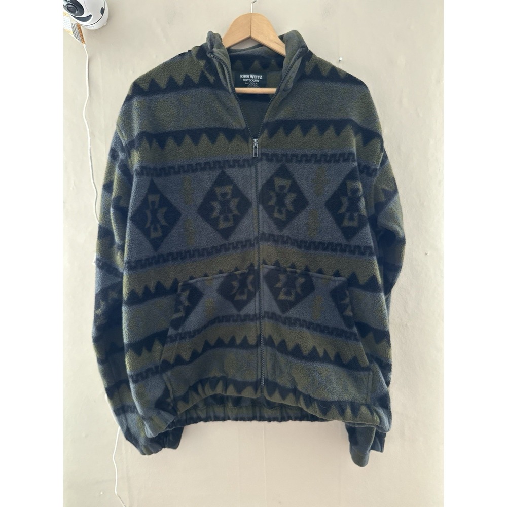 VTG John Weitz Outdoors Mens Zip Up Fleece Size M Green Aztec Southwestern